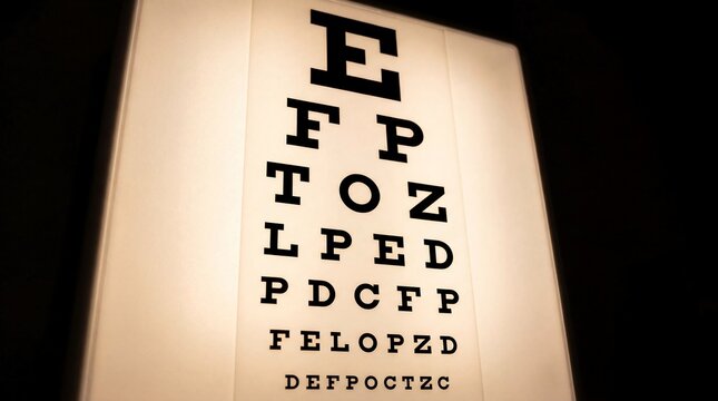 A close-up view of an eye chart with blurred letters on a bright white background against a dark setting.