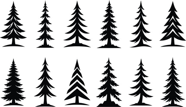 Pine tree silhouette vector set, fir tree vintage forest nature evergreen collection illustration