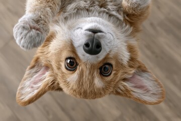 Obraz premium Adorable Corgi puppy looking up from an upside-down position with big expressive eyes and floppy ears.