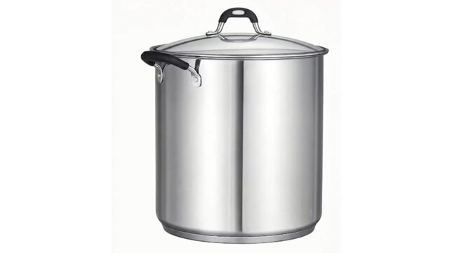 A shiny stainless steel metal tin can and cooking pot with a lid and handle, isolated on a white background as clean kitchenware equipment