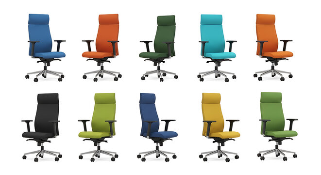 Isometric of colorful office chairs with five-star bases in various colors furniture
