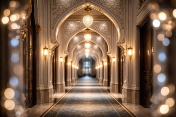 Obraz premium Cinematic upscale hotel corridor illuminated with cool bokeh featuring intricate white and gold Islamic arch decor background