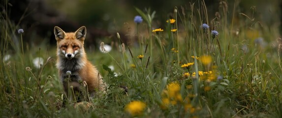 Fototapeta premium Alert Fox Sitting Among Wildflowers Woodland Setting, Soft Focus, Natural Environment