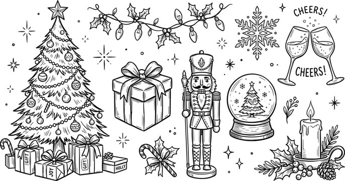 Christmas holiday line art vector set with nutcracker tree gift boxes snow globe candle and champagne glasses