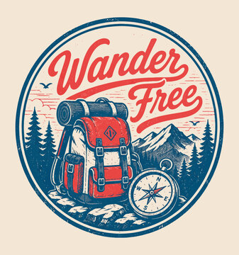 Wander Free Backpack Compass Circle Badge Vintage Vector Design