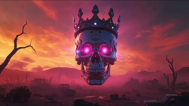 Surreal illustration of a king skull wearing crown at dramatic sunset