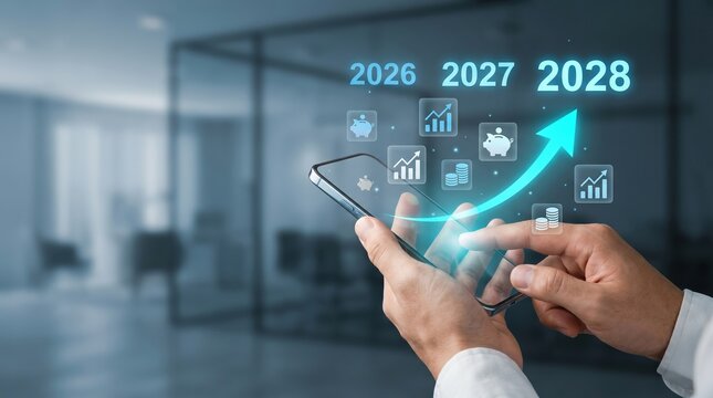 Hands using smartphone with glowing growth HUD showing currency and wealth icons fintech trading