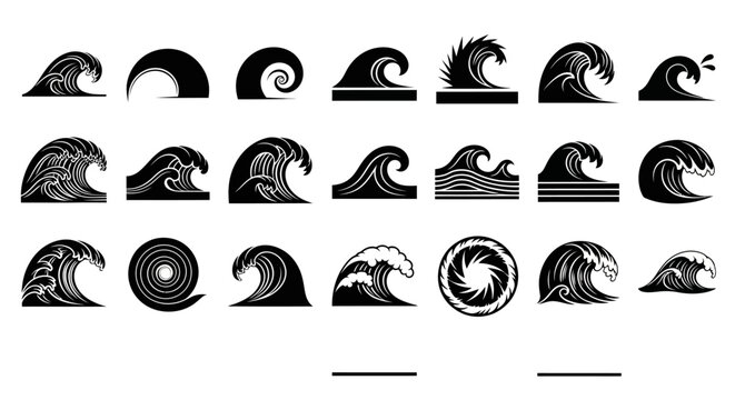 Black wave icons, ocean wave graphics, sea wave symbols, 20 wave vector graphics