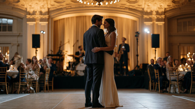 Live band drummer and saxophone player visible on an elevated stage as newlyweds glide through the first dance on the floor below, motion-blurred guests clapping at round tables, amber uplighting il
