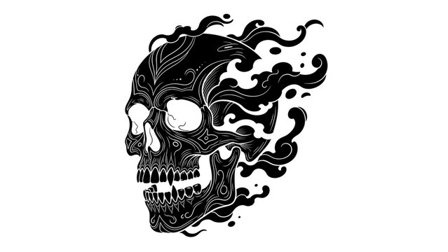 Blackwork tattoo skull with flowing smoke isolated on a