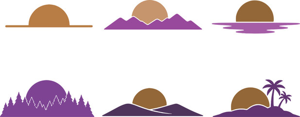 Sunset horizon silhouettes set mountain ocean forest desert island sun vector © chien
