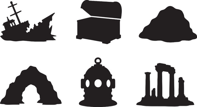 Underwater scene objects silhouette set shipwreck treasure chest cave diving bell ruins vector
