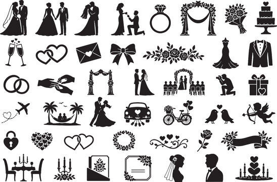 Wedding and love ceremony silhouette bundle romantic couple icons black vector collection