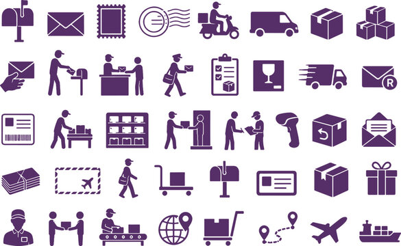postal and mailing service silhouette bundle delivery logistics icon collection