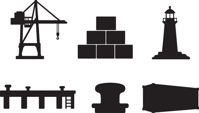 Port harbor silhouette set black vector crane containers lighthouse dock bollard shipping
