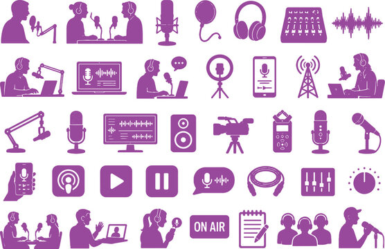 Podcast audio content silhouette bundle microphone headphones studio broadcasting icons vector set