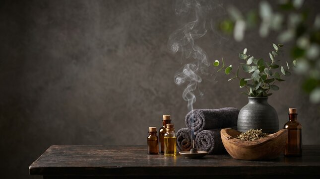 A serene spa setup on a rustic wooden table, featuring essential oil bottles in amber glass, a ceramic oil burner with rising smoke, neatly rolled dark towels, a wooden bowl with dried botanicals.