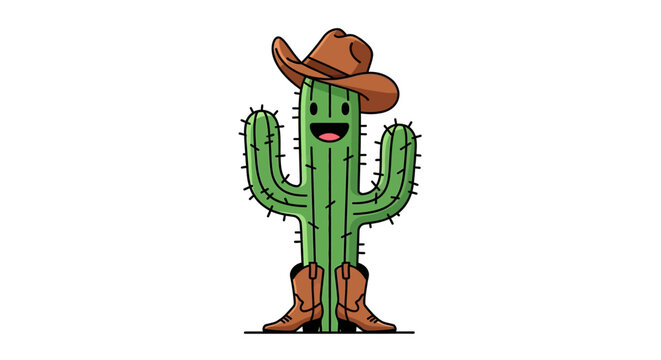 Cartoon cactus character wearing cowboy hat and boots, vector illustration