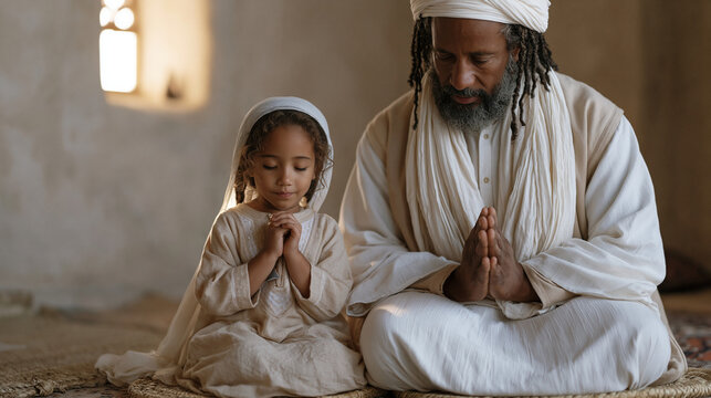Father and young daughter kneel together on woven mats in a modest home prayer room as dawn light enters through a narrow window, the child carefully mimicking the father's posture during fajr praye