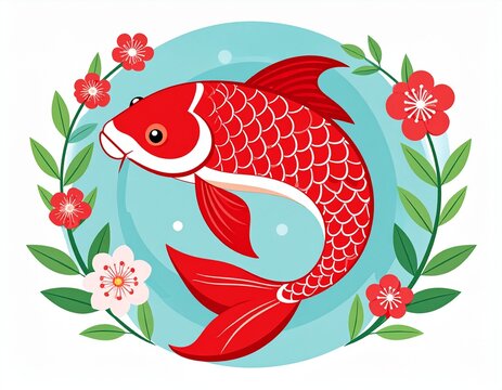 Red koi in floral wreath
