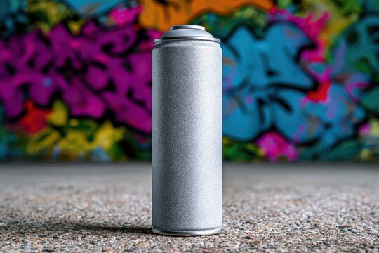 A single silver spray paint can stands in front of a vibrant, colorful graffiti art mural on a textured concrete surface.