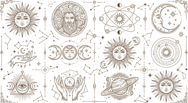 Large mystical vector set featuring celestial sun moon stars planets and esoteric occult symbols for spiritual and astrological designs.