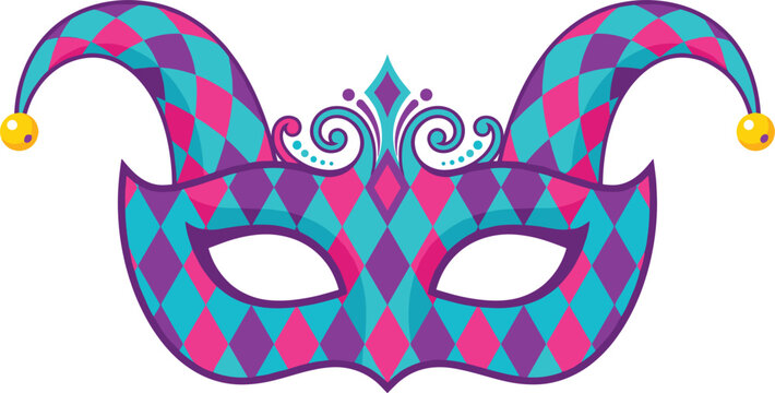 Ornate masquerade mask with colorful fire and scroll patterns for carnival venice festival and theatrical performance vector designs.