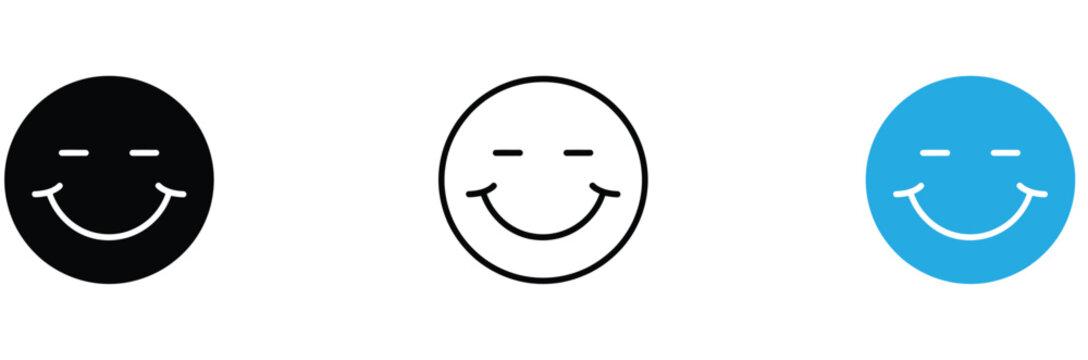 Smiling face icons in black, White, And blue for various design applications and emoticon uses