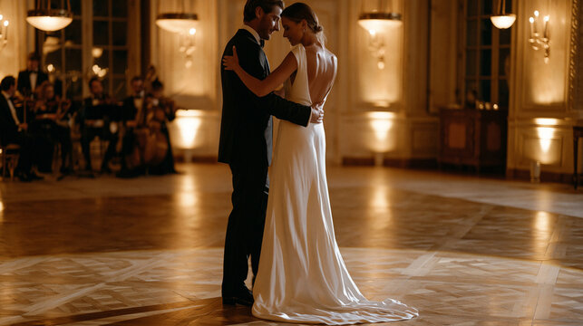 Bride and groom gliding across a reflective parquet dance floor at a ch&acirc;teau reception, a live string quartet visible in the background, overhead pendant lighting casting a warm golden arc that trac