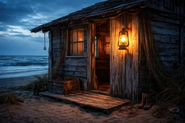 Weathered beach shack shining under classic miner lantern © The 2R Artificiality