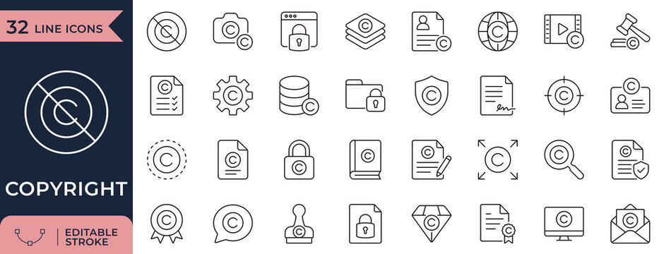 Copyright, Intellectual Property, and Legal Protection Line Icon Set