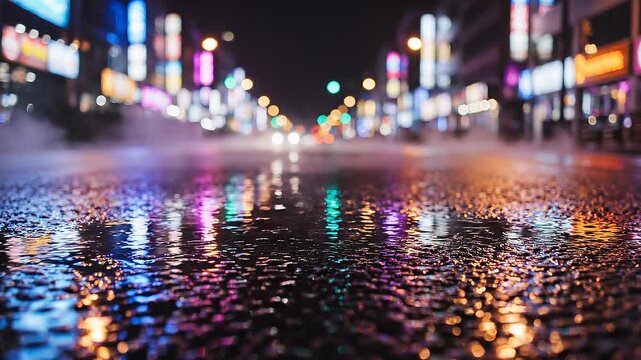 Wet city street at night with colorful neon lights reflecting on the pavement in an urban setting