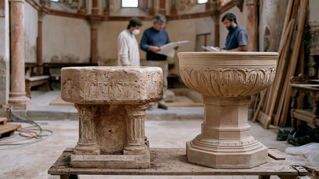 Before and after concept image showing a deteriorated stone baptismal font beside its restored counterpart, professional conservators in the background examining arcal documentation in the apse of a