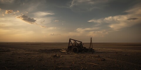 Fototapeta premium Abandoned Machinery in Desert Landscape Dusk Sky, Atmospheric Mood, Wide Shot