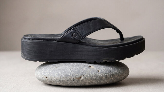 Black platform flip flop sandal balanced on a smooth grey river stone