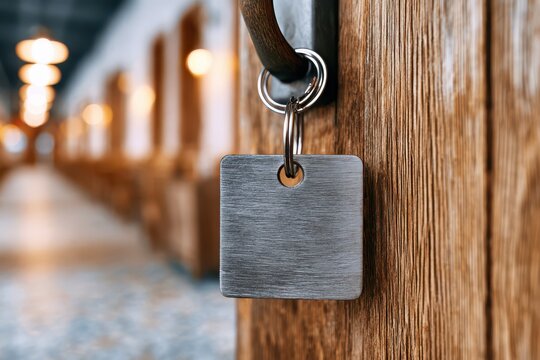 Close-up of a blank metal square keychain hanging on a rustic wooden post with blurred background.
