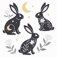 Fototapeta premium Celestial black rabbits with moon and floral folk art design, celestial