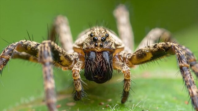 Close-up macro photograph of a spider's face with eight eyes, facing the viewer