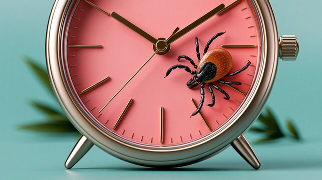 Eine Zecke sitzt auf dem rosafarbenen Zifferblatt einer analogen Uhr und symbolisiert Zeckengefahr zur Sommerzeit.