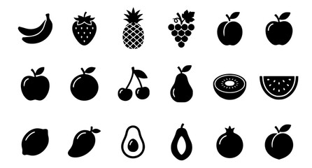 Black and white fruit silhouette icons vector set bananas strawberries pineapples and more isolated on white background © MstMonalisa