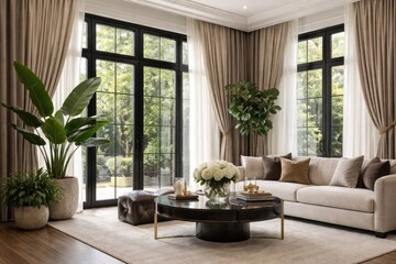 Fototapeta premium Stylish black framed windows combined with luxurious draperies and indoor potted plants in modern decor