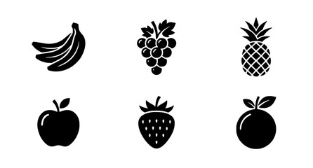 Fruit silhouette vector icon set black and white bananas strawberries pineapples and fresh food symbols isolated on white background © MstMonalisa
