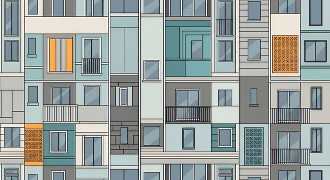 Modern Abstract Building Facade Illustration with Windows and Balconies in Muted Colors