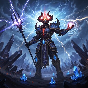 Dark fantasy demon warlord summoning lightning with glowing magic staff and blue crystal spikes in a stormy mystical environment for epic gaming concepts