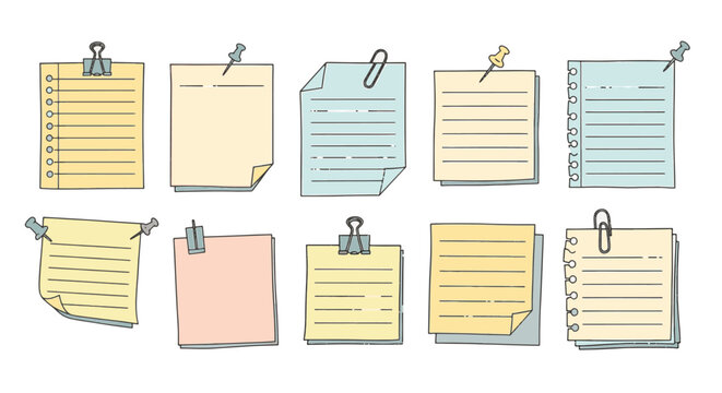 Set of cute hand-drawn paper notes and blank memo pads with sketchy borders on a white background. Hand-illustrated stationery elements for journals, scrapbooks, and office organization.