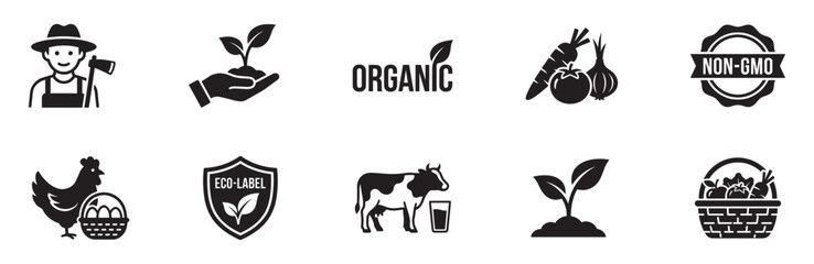 Organic Food and Eco Farming Icon Set.  Farmer, Hand-held Plant, Vegetables, and Eco-label Symbols for Healthy Living and Agriculture. Vector Illustration © Roberto_Caravelli