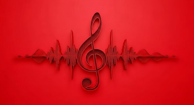 Musical note and sound wave illustration on vibrant red background with glossy texture