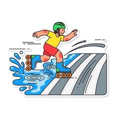 Fototapeta premium Person on roller skates splashes through water on a wavy, striped path