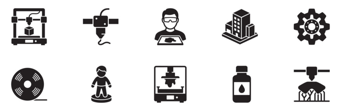 3D Printing and Additive Manufacturing Icon Set. Filament Spool, Extruder Nozzle, SLA Resin Printer. Vector Illustration.
