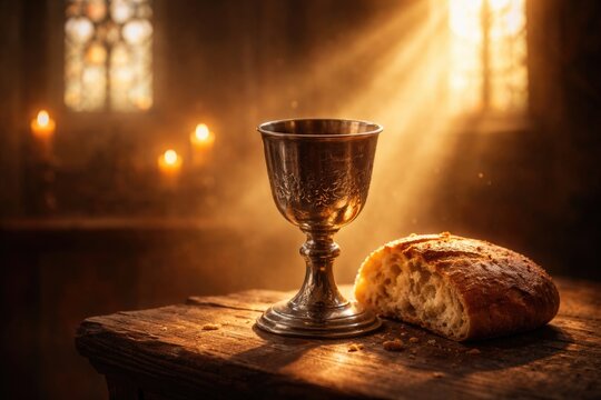 Communion cup and bread glowing in chapel light embodying Christian belief